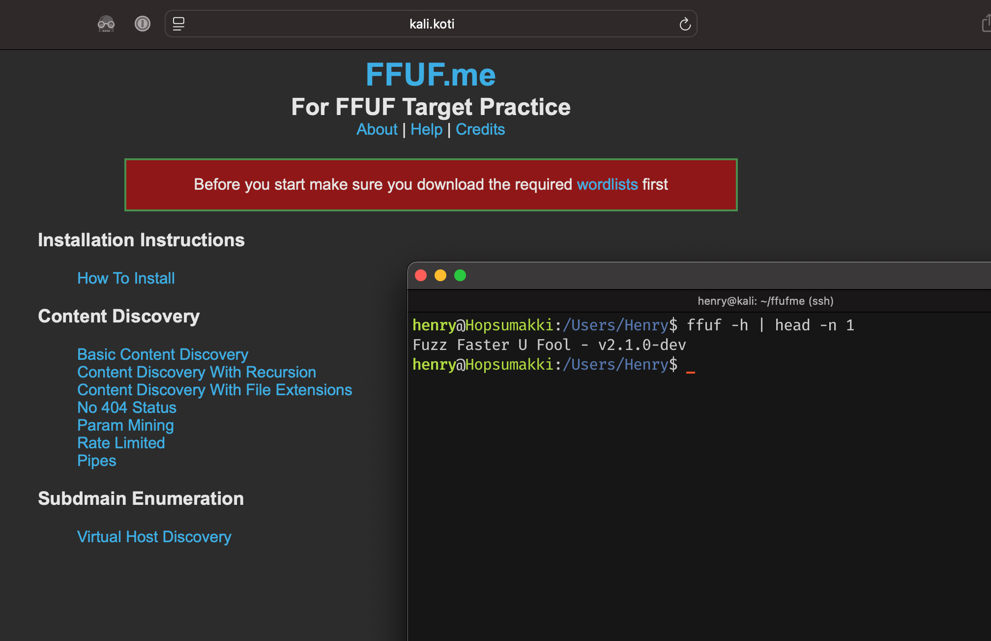 testiympäristö ja ffuf